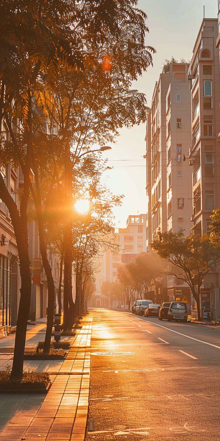 A photo of in the summer early morning, the corner of the modern city street, the sunshine is soft and has the Tindar effect, white simple color background
