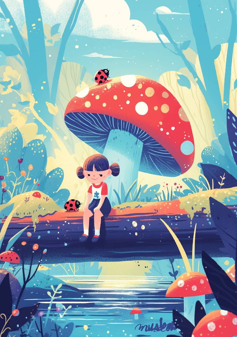 A cute little girl is sitting on the log by the river, playing with her ladybug friend in front of an oversized mushroom. Vibrant colors and a simple flat illustration style are used in the style of Chinese new year poster for the children's book cover design titled 'museseai'.