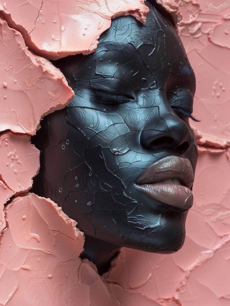 Black woman bionic ceramic glossy clear face sculpture, face pushing out of the pink dried clay background, front view, brightly lit, ultra realistic, modern minimalism, futuristic.