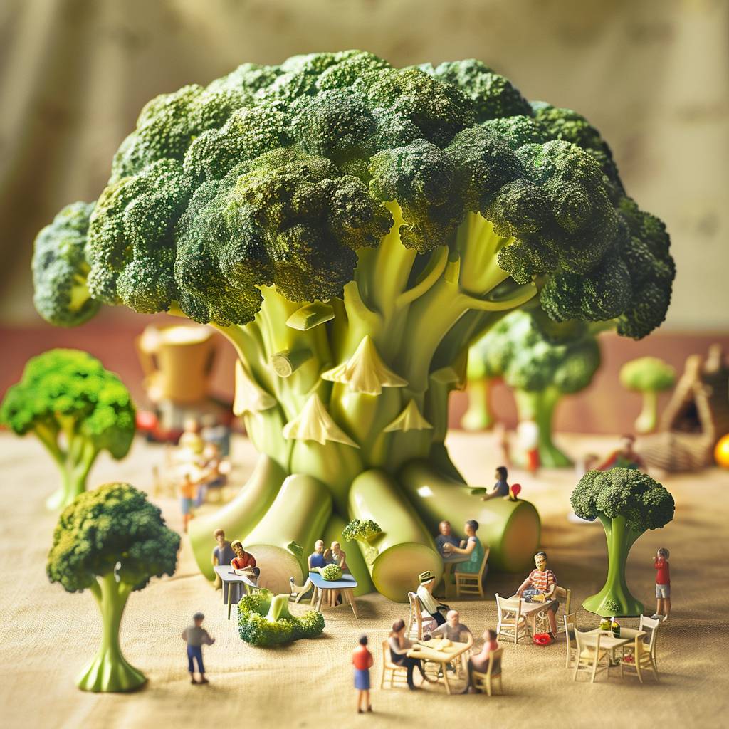 Body shot of broccoli as the main character in an ad campaign, surrounded by tiny people sitting at small tables, laughing together. The poster features a visually appealing design that incorporates miniature figures enjoying company under a large headpiece of vibrant green leafy vegetable.