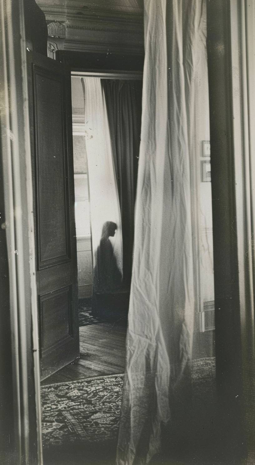 Accidental recording of ghost behind a curtain, 1920s photography, creepy horror scene, documentary archives