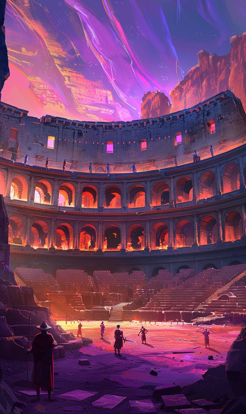 In the style of Ilya Kuvshinov, ancient coliseum hosting spectral gladiators