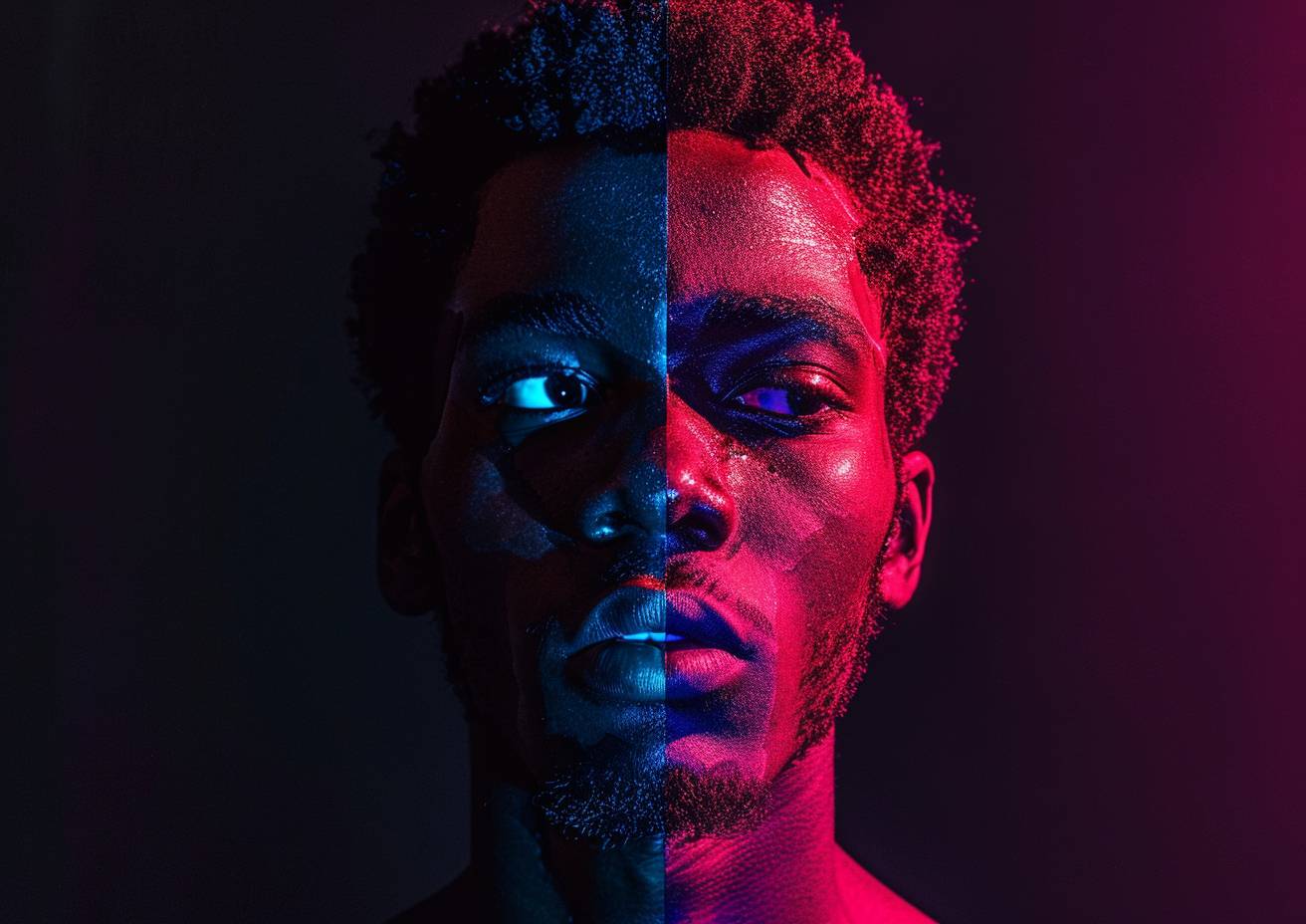 A portrait of [SUBJECT] in neon [COLOR] and deep black. Half of the face is dramatically illuminated by neon [COLOR] light, creating sharp shadows and a high-contrast effect, while the other half remains in deep shadow, against a minimalist black background --ar 7:5  --v 6.0