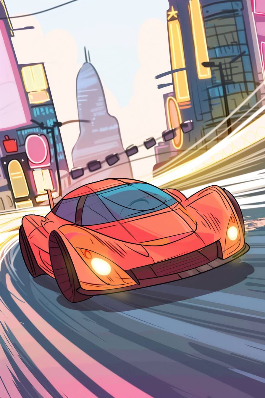 A sleek sports car racing through a futuristic city, neon lights reflecting off its surface, high-speed motion blur, intense action