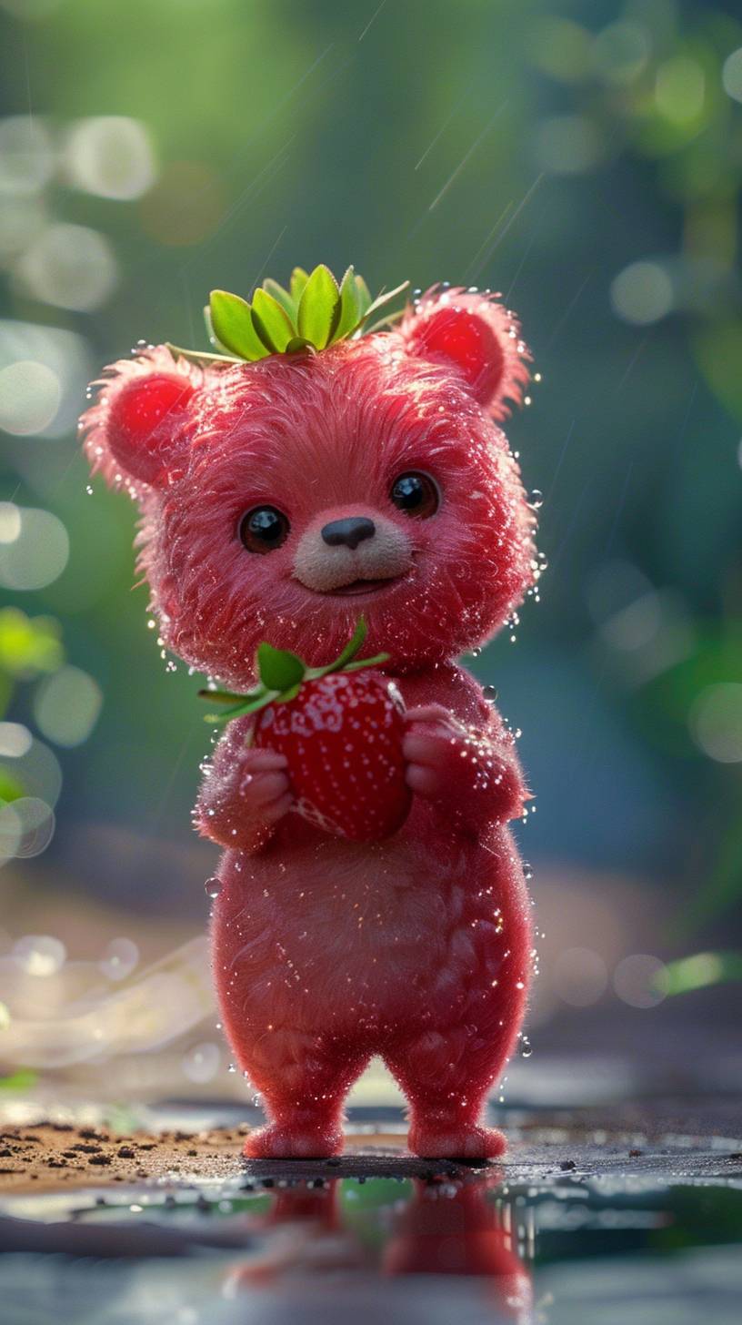 A cute little bear with a strawberry, in Pixar style, phone wallpaper, 8k resolution