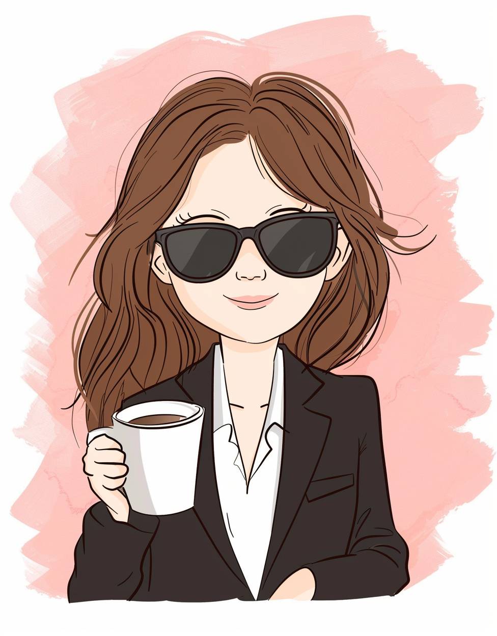 A cute female Asian lawyer with brown hair and pink, wearing sunglasses drinking coffee. She has an exaggerated expression while drinking tea. A simple cartoon style drawing with bright colors. The background color should be light red or pink, adding fun to the illustration. There is no other character in front of it, in the style of Quentin Blake.