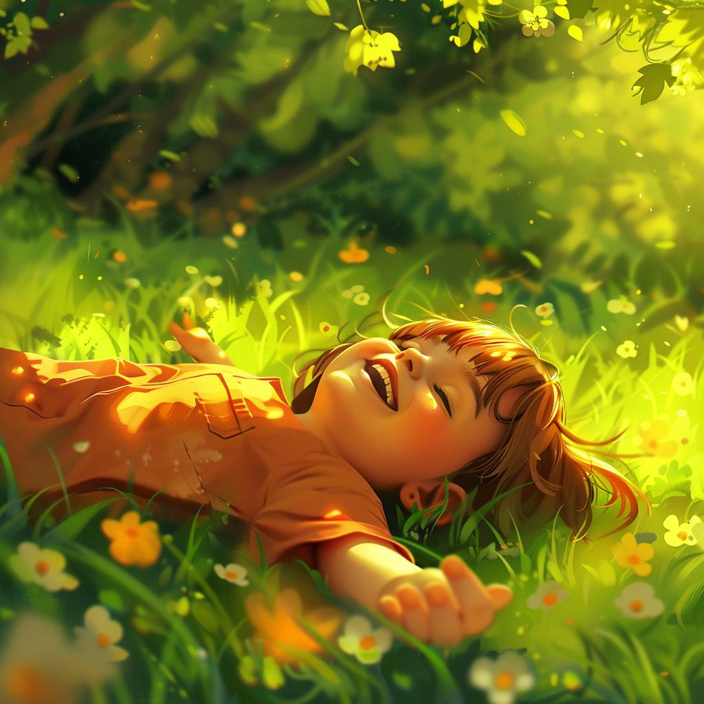 Spring, a super cute little girl is lying on the grass, laughing, sunny day, cartoon style, natural light, full body focus, high quality, super details, HD, 32K