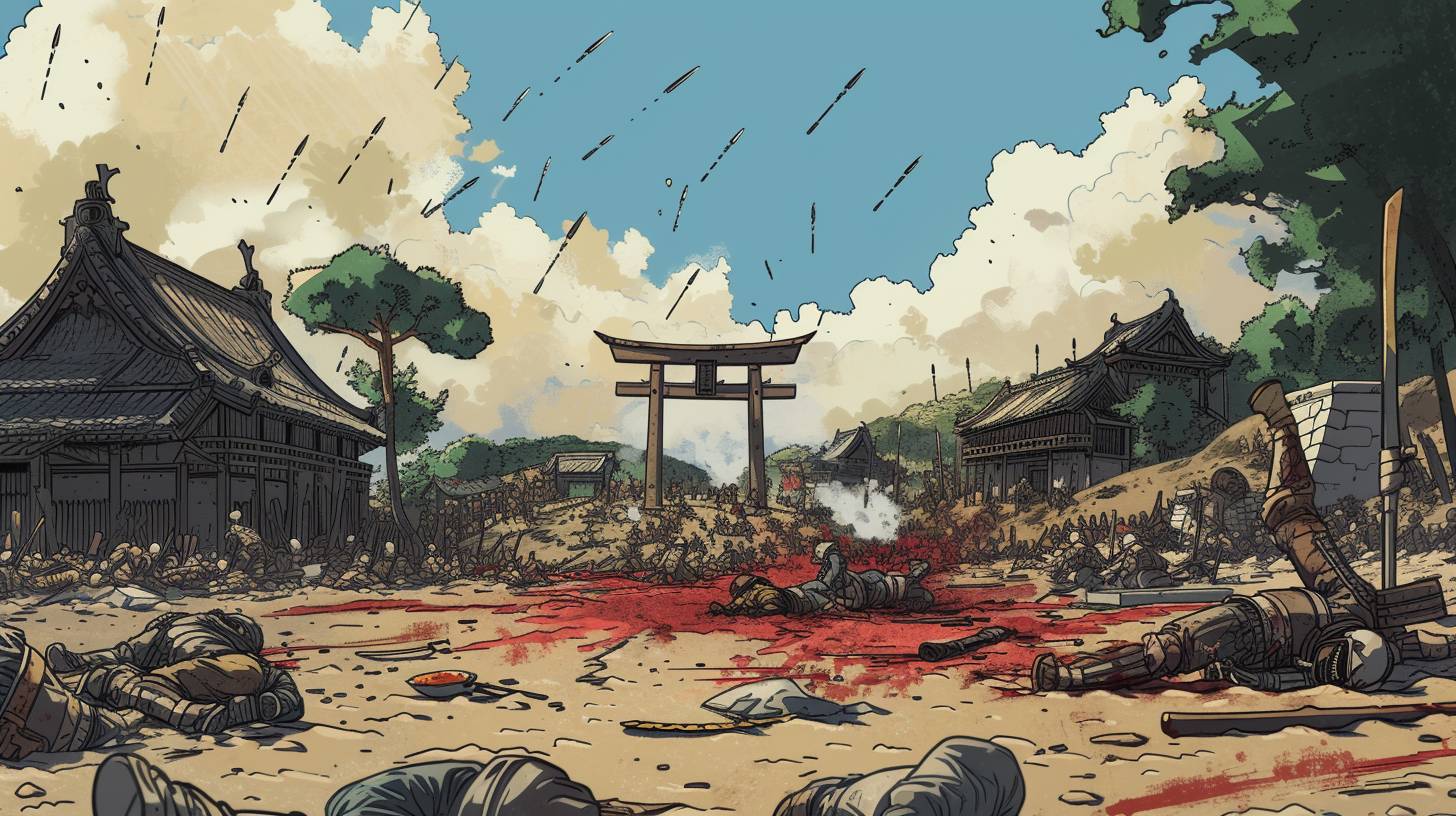 ancient japanese troops dead in war, cartoony