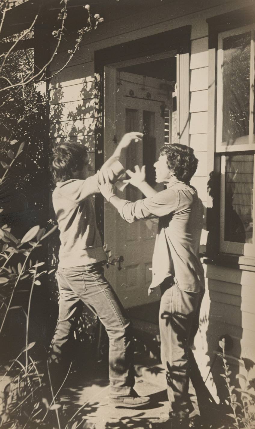 Two men, brothers, one with hair, arguing outside a house on a patio in 1980, realistic arms, vintage photograph, flash photography