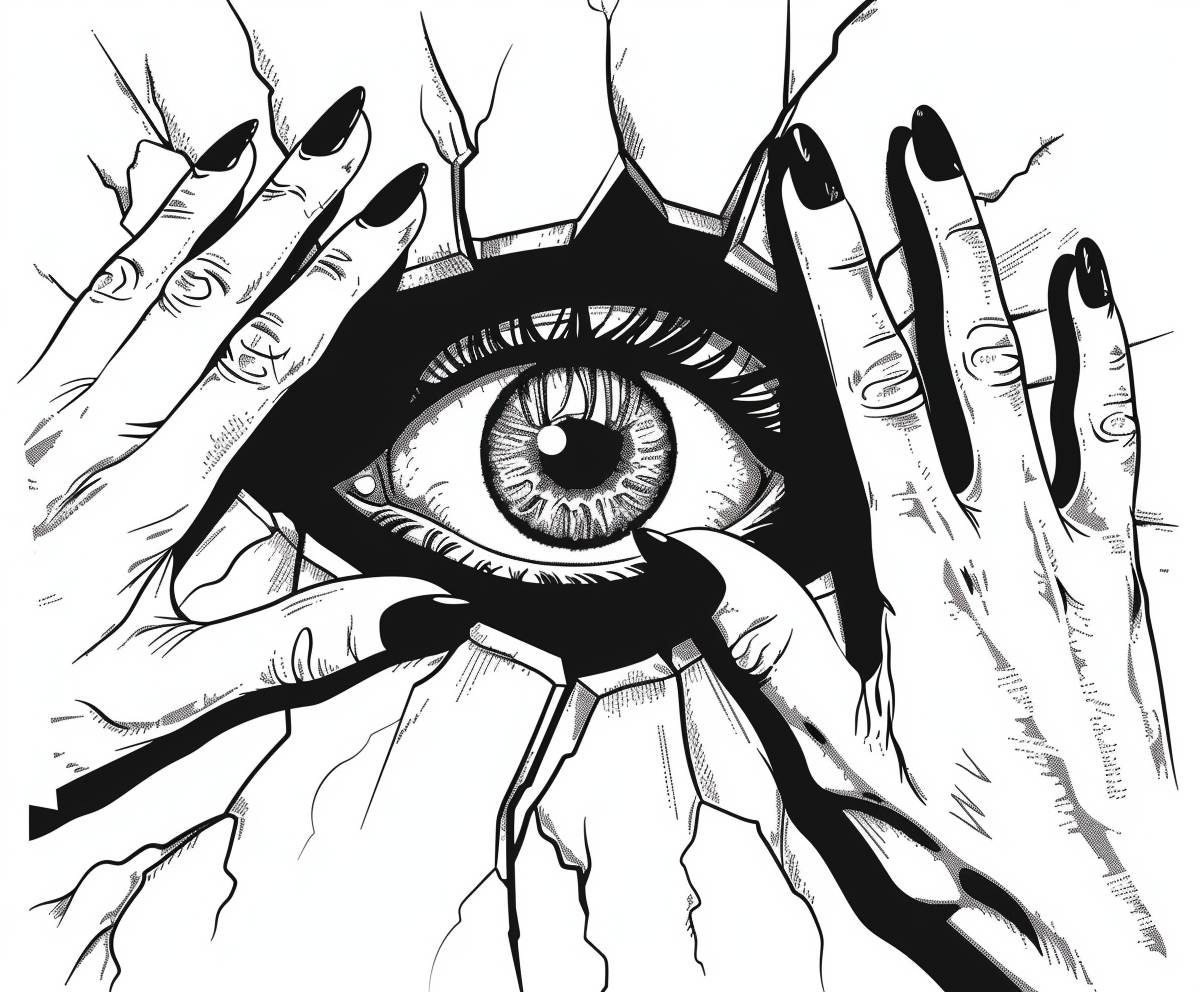 A simple coloring page line art illustration of an eye peering through the cutout hole in white paper, hands with black painted nails holding up two fingers on either side. A simple black and white vector art style with bold lines in the style of vector art.