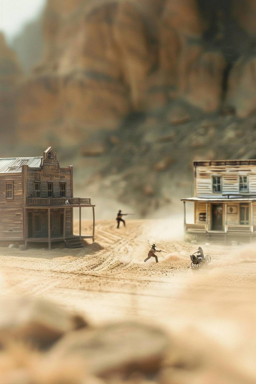 Western duel in a dusty desert town in the style of Miki Asai