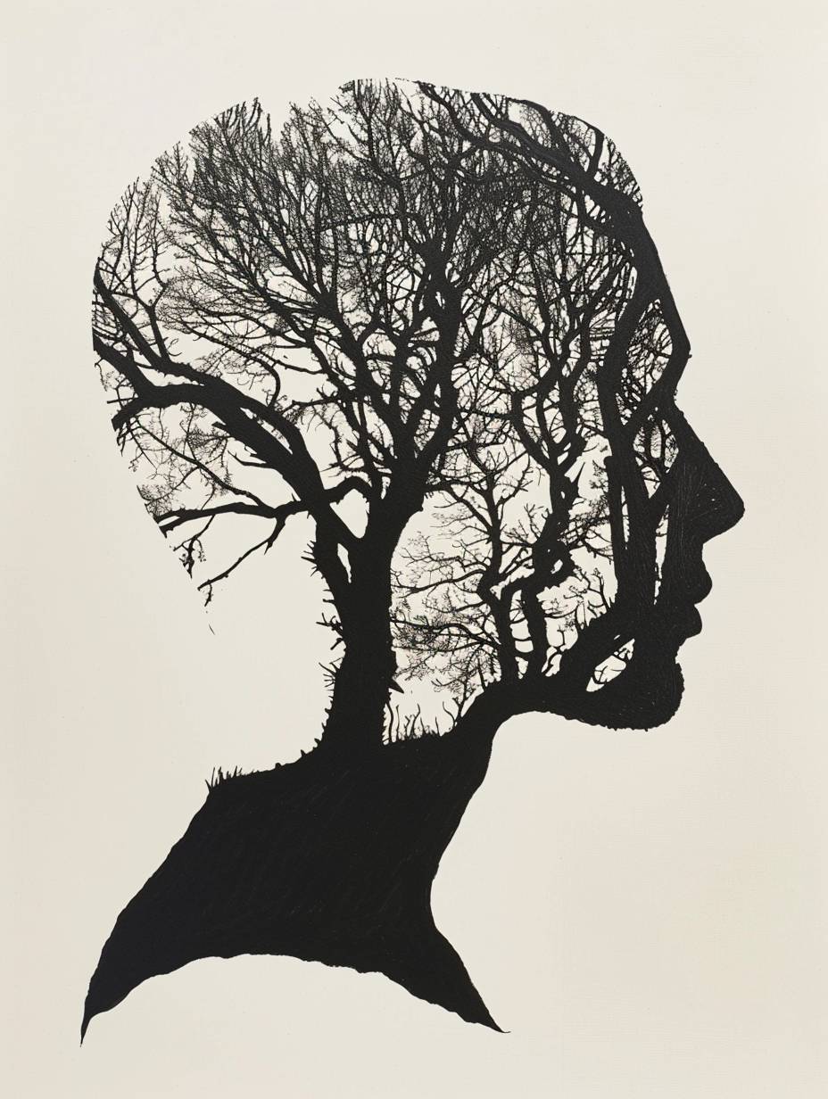 木の抽象的なシルエットを描いたインク画、枝が腕を形成し、葉が髪のようになっている人の頭と首の形状、ミニマリストでモノクロームで、単純な優雅な線、抽象シルエットスタイル。