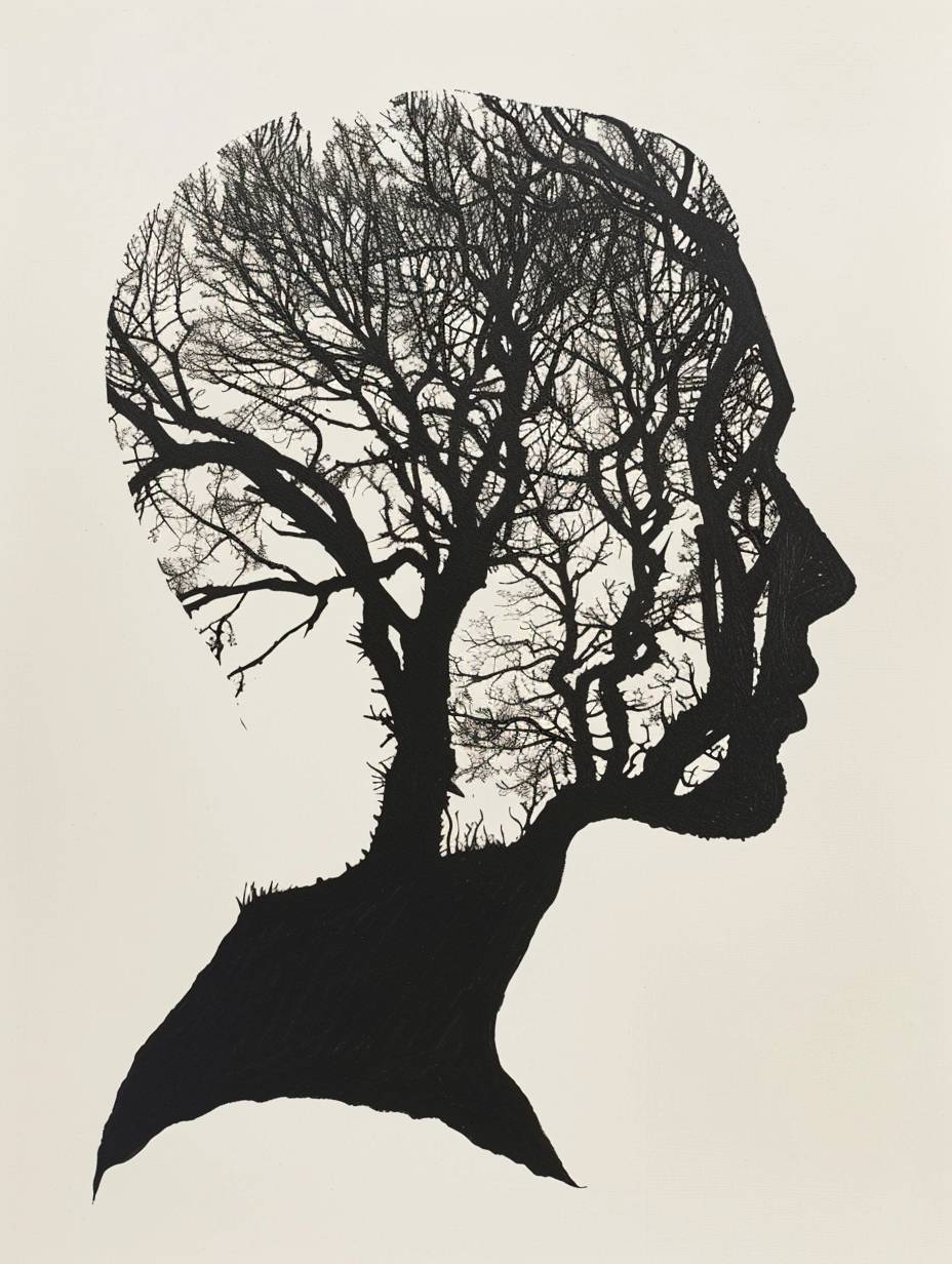 Ink drawing of an abstract silhouette of trees in the shape of a human head and neck, with branches forming arms and leaves as hair, minimalistic and monochrome with simple elegant lines in the style of an abstract silhouette.