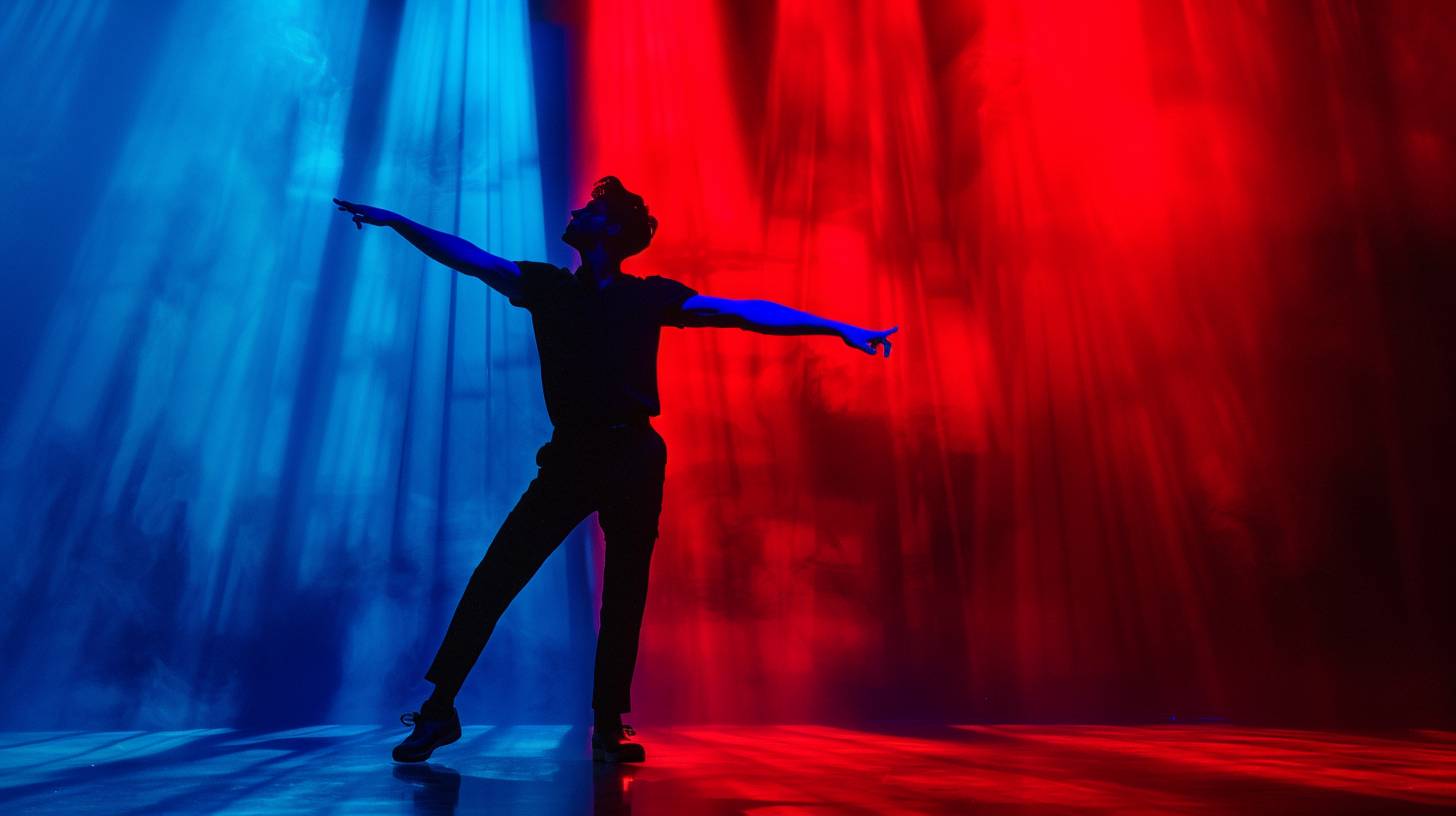 Art photo of an actor on stage, red and blue color gel lighting