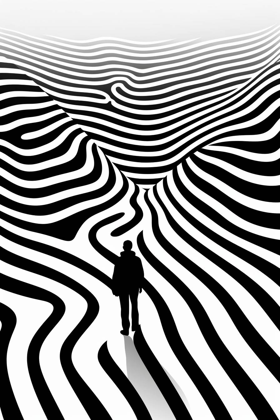 A full body zebra draws a track or swath through a Horizontal Striped background, which therefore bends downwards. Airial view from the distance, wide angle, clean Abstract minimalist vector illustration in black and white colors. the stripes of the zebra and the stripes of the background exactly fit into each other at the point where they touches. The artwork lives from the contrast of the natural stripes of the zebra and the almost regular horizontal stripes of the bending background. Boho style, risograph print.