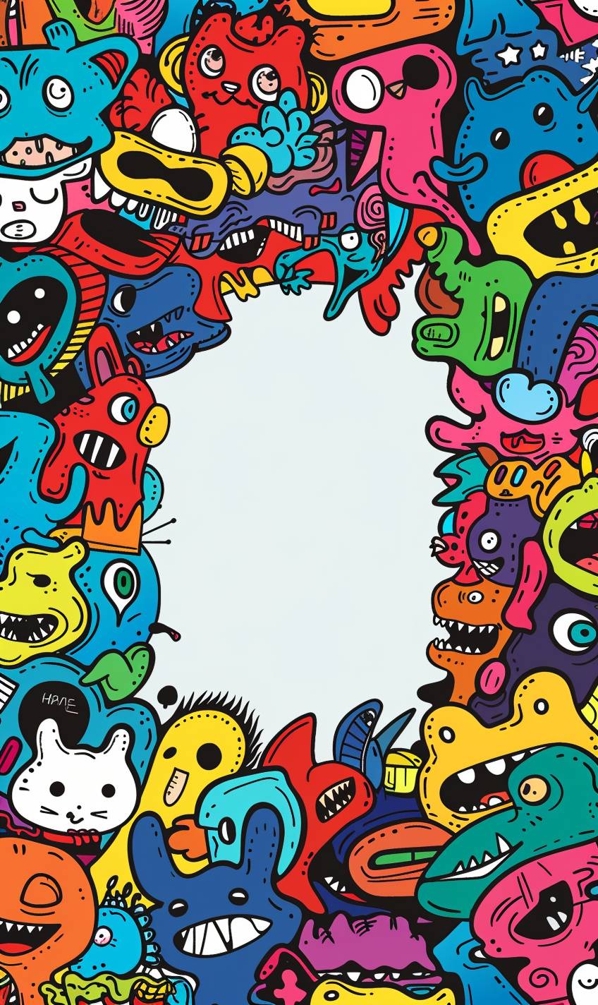 Create a high-quality image with a large, blank space in the center as the main focus, surrounded by a variety of colorful doodles on the sides. The doodles should include cartoon characters like animals, funny faces, superheroes, and quirky creatures. They should densely populate the edges, leaving the center area completely blank. The overall style should be playful and imaginative, with vibrant colors to create a lively and striking feel. The image is designed for Instagram story scale with the blank space being the primary focus.