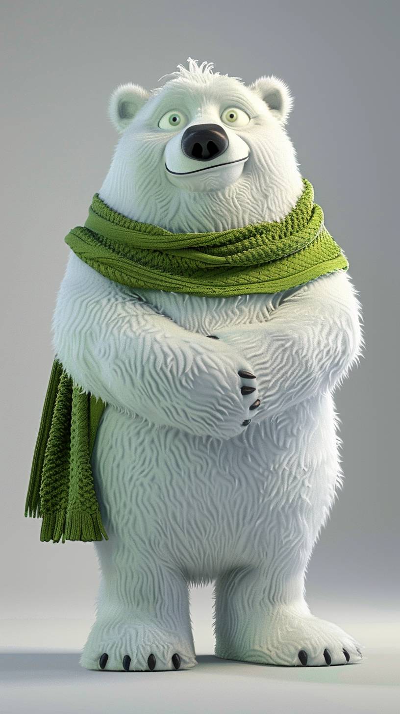 A pure white 3D cartoon polar bear, furry and fat, with ultra-high definition, every detail is clear, wearing a green scarf, is a skin care product mascot, greeting the camera.