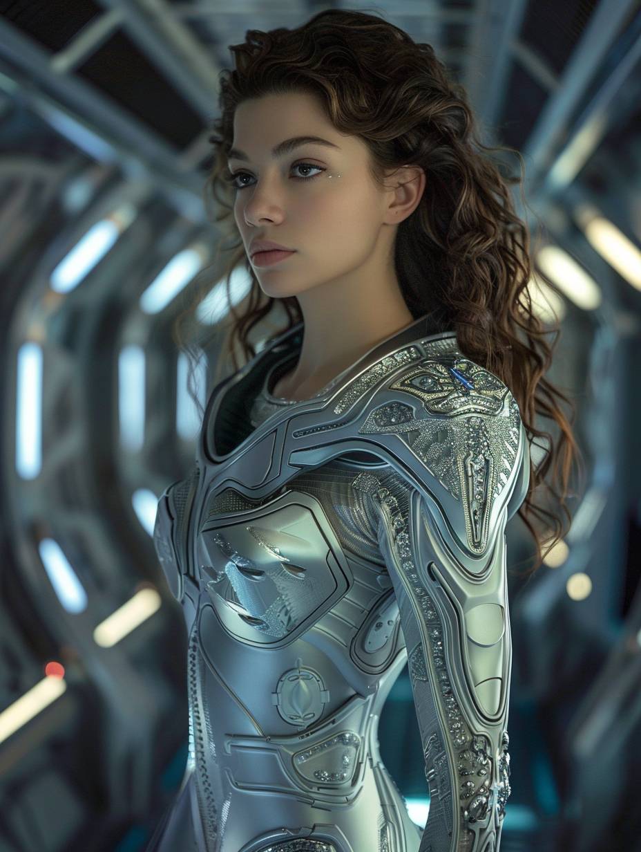 Cinematic photography captures a beautiful young woman in intricate silver and diamond armor with shoulder pads, standing in a corridor on an alien space station. Her brown hair is in curls.