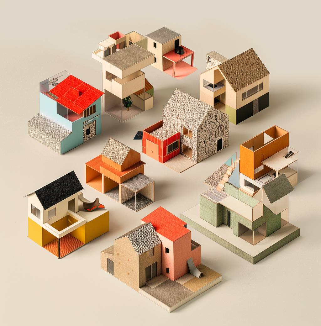 さまざまな種類やスタイルの住宅や建物を表す建築模型シリーズが、3次元の配置を示す上空からの視点で重ねられています。これらのモデルには、ゲーブル屋根を持つシンプルな正方形のブロック構造、複雑なフラクタルデザイン、モダニズム建築に似た形状、ミニマリストなライン、そして中立的な背景に対して設定されたカラフルな色調が含まれています。この視覚表現は、これらの形式がどのようにしてユニークな構成物に組み合わされるかを強調しています。