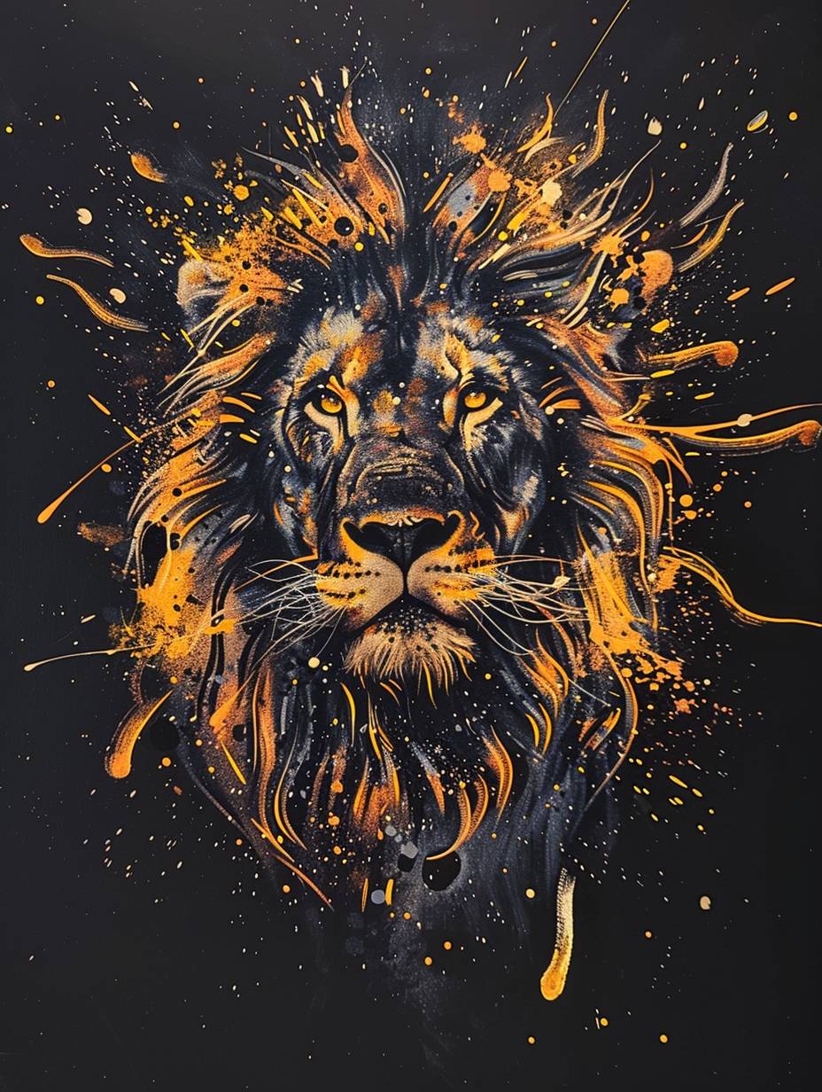 色彩豊かなペイントスプラッターで描かれた荘厳なライオン、黒い背景に琥珀色とゴールドカラー