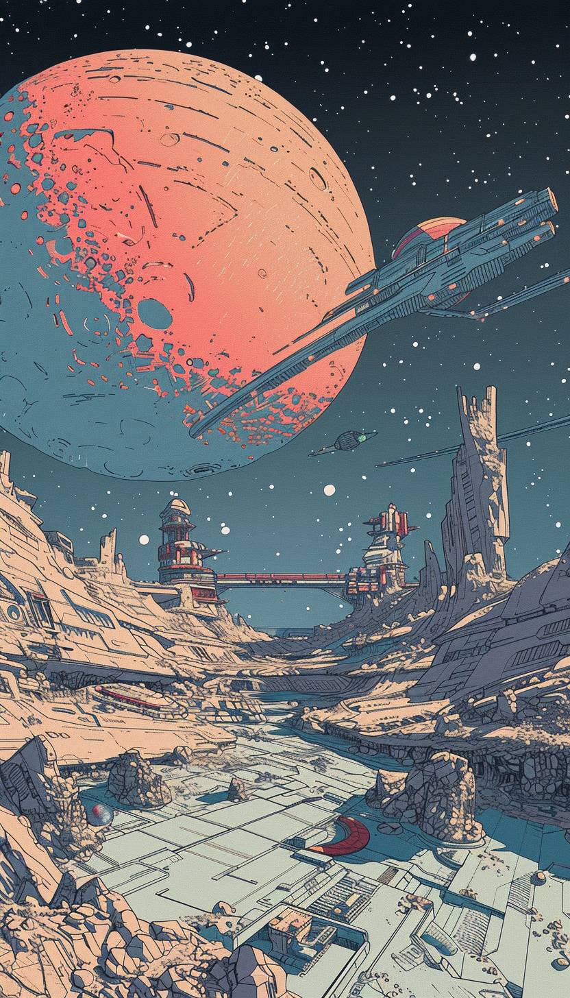 In the style of Mœbius, a space station orbiting a distant planet