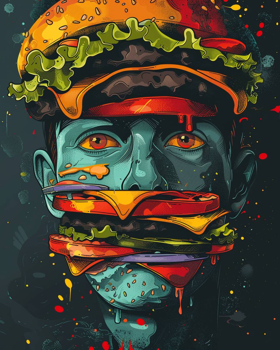 T-shirt design, vector contour, flat illustration in the style of leopard Goro Fujita of an abstract fat man face made with stacked burger buns and filling, pastel colors