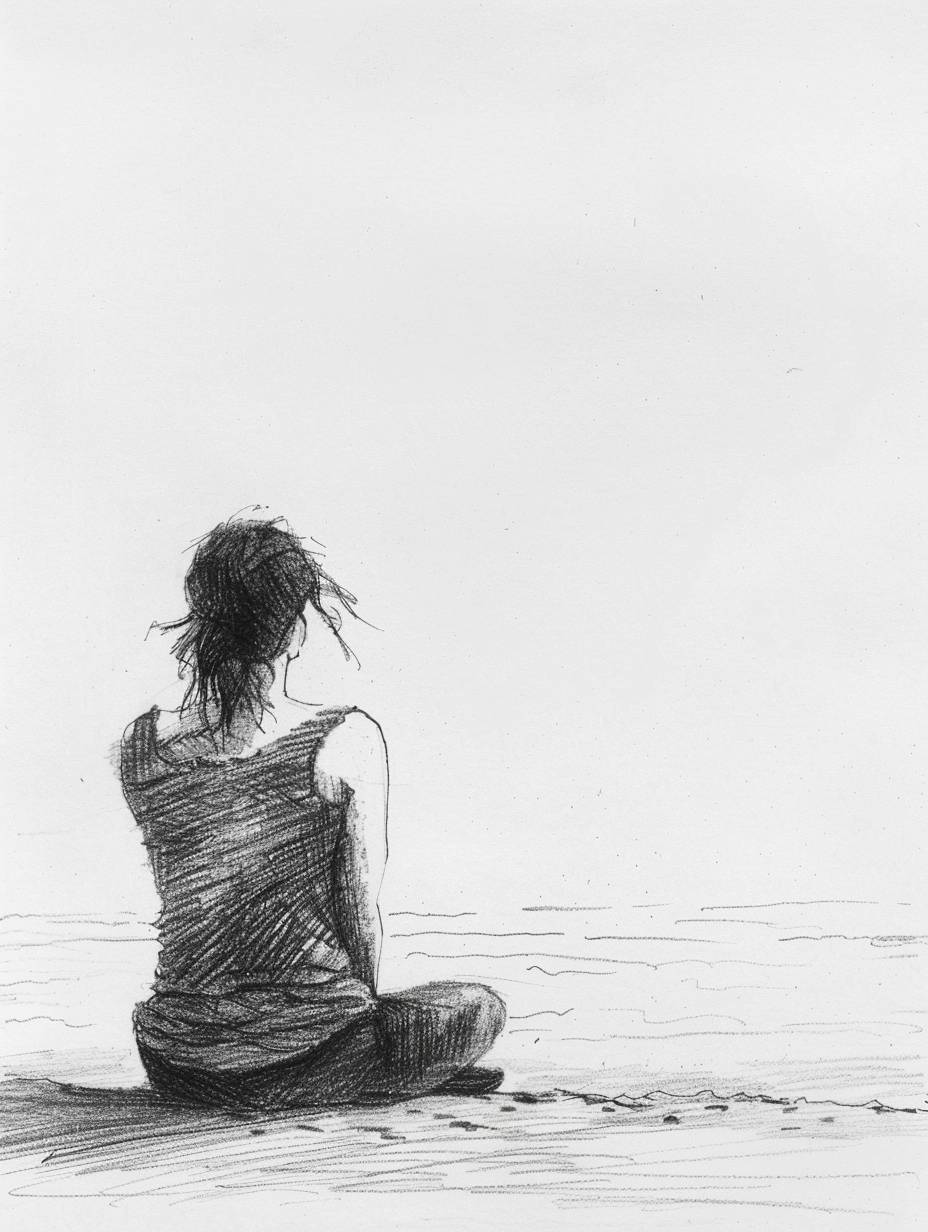 A quick, amateur pencil sketch of a quiet beach scene. A single woman is sitting on the sand, staring at the calm sea. The sketch is rough, with quick lines and minimal detail, capturing the serene moment simply and quickly. The background is blank white.