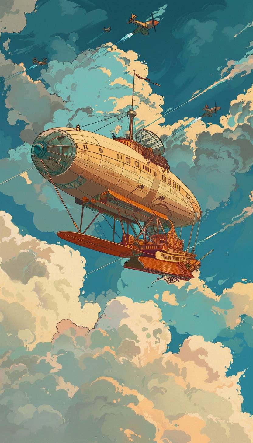 Cliff Chiang風のスタイルで、雲の間を航行する蒸気動力の飛行船