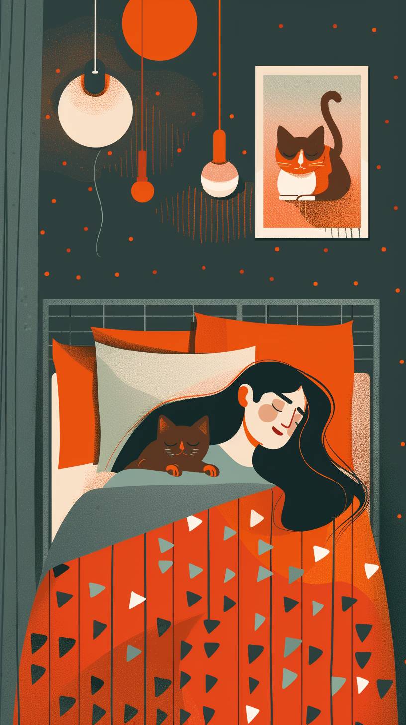 A flat illustration of a woman sleeping in a bed with a cat lying on her head, minimalist, warm, utilitarian, geometric, danish design