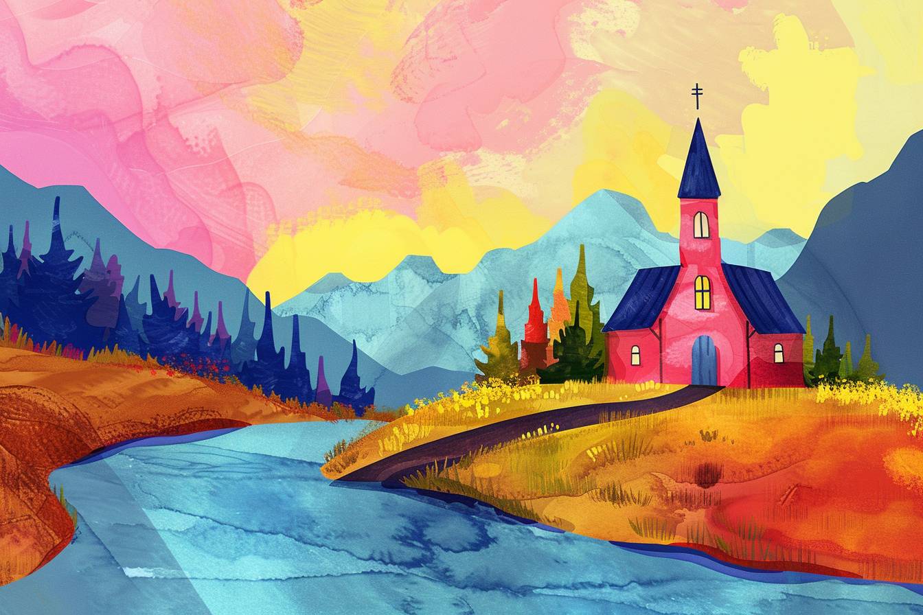 In style of Allie Brosh, stunning natural landscape, church