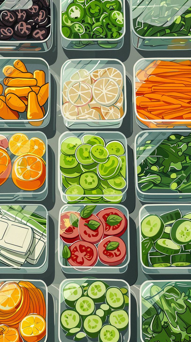 さまざまな調理済み食品が、整然と切りそろえられ、クリアなガラスやプラスチック容器に保存されている、高度に詳細なデジタルイラストを想像してください。シーンには、色とりどりの野菜、フルーツ、および他の栄養豊富な食品が含まれており、切り刻まれた人参、スライスされたキュウリ、オレンジのセグメント、そしてミックスサラダグリーンなど、それぞれが独自の容器に収められています。容器は、キッチンカウンターまたは冷蔵庫の棚に整然と配置されており、その組織的な魅力と食材の新鮮さが強調されています。ラインアートとベクターテクニックを使用して、食材の鮮やかな色彩、容器の透明度とシンプルさ、そして清潔で整頓された配置を捉えます。背景はミニマリストであり、調理食品のテクスチャとディテール、容器の透明性に焦点を当て、健康的なライフスタイルと効率的な食事の準備の感覚を伝えます。