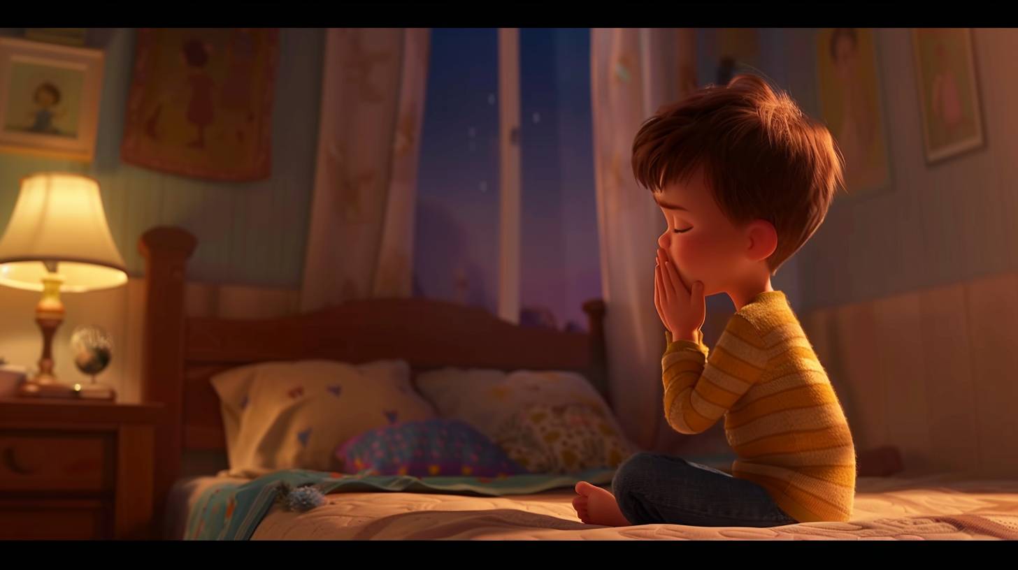 Disney animation, Pixar style, a little boy closing his eyes and praying on his bed at night. He is cute and happy, peaceful. The bedroom is set in the night with an aspect ratio of 16:9.