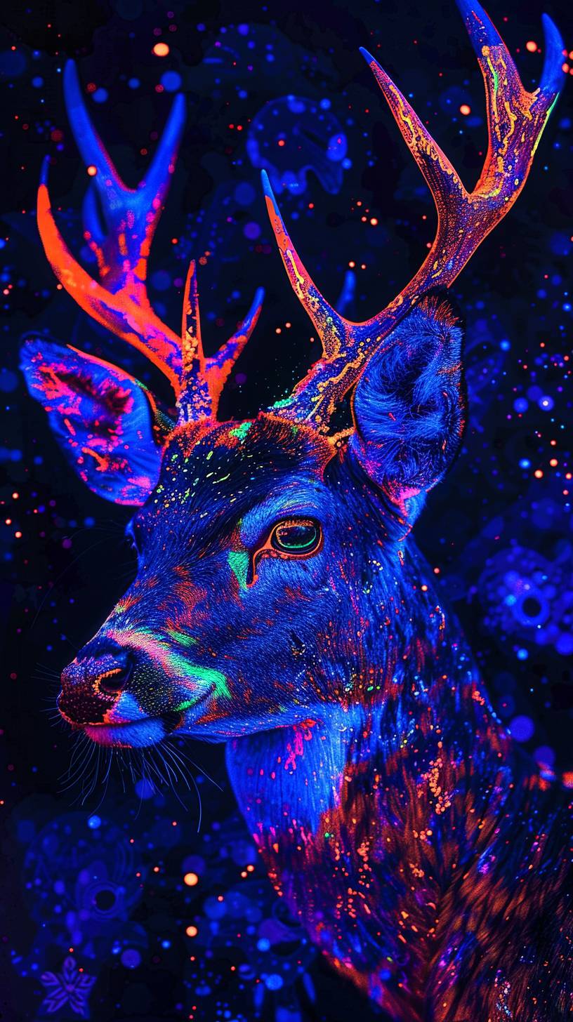 ヘッドライトを浴びた鹿、アクアパンク、ブラックライト、補色のネオン発光色