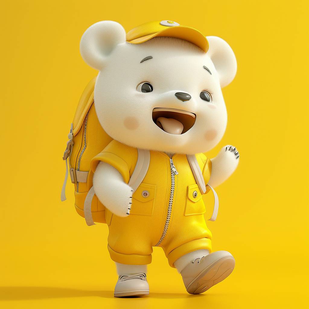 3D character image, baby white bear IP image, Cute white bear wearing a Yellow cap and Yellow jumpsuit, Carrying a backpack to school, laugh, bright scene, solid color background, clean background, front, standing, Disney, full body, Q, 3D, oc renderer, blender renderer. Mattie Foam, Clay material