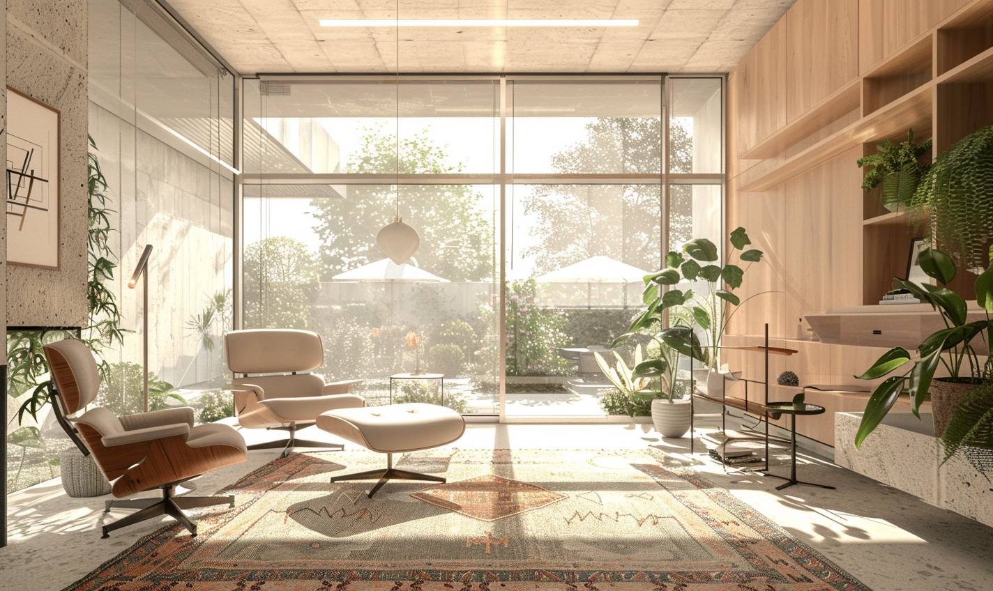 Interior Design, a perspective of study, modernist, large windows with abundant natural light, light colors, plants, modern furniture, modern interior design