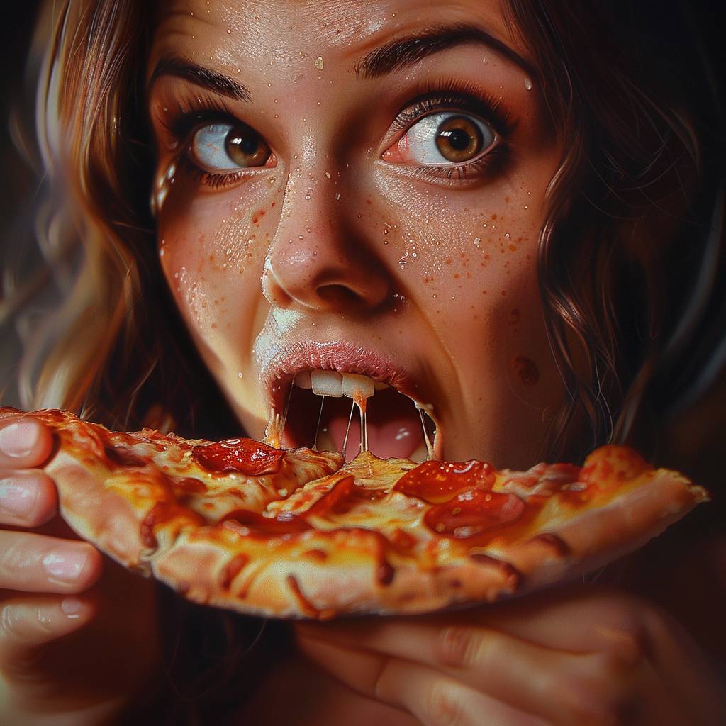 A woman taking a bite of pizza, and her face is amazed, she is chewing, there is food in her mouth, her eyes are big, she looks excited and happy, quiet, photorealism, real life, real people, real woman.