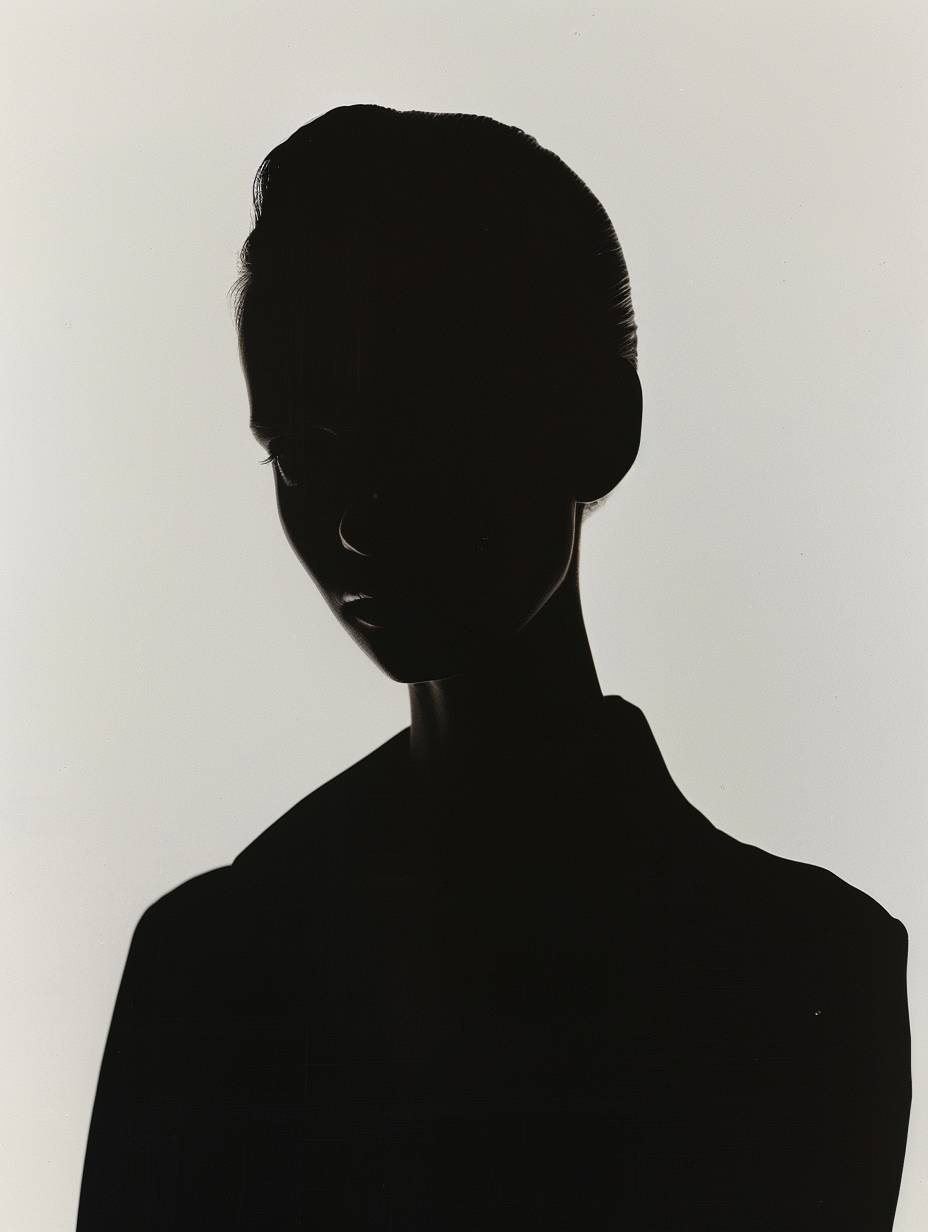 写真スタジオで撮影されたファッション雑誌の表紙写真、カメラに向かっている女性の完全な黒いシルエット、薄灰色の背景、35mmフィルムで撮影