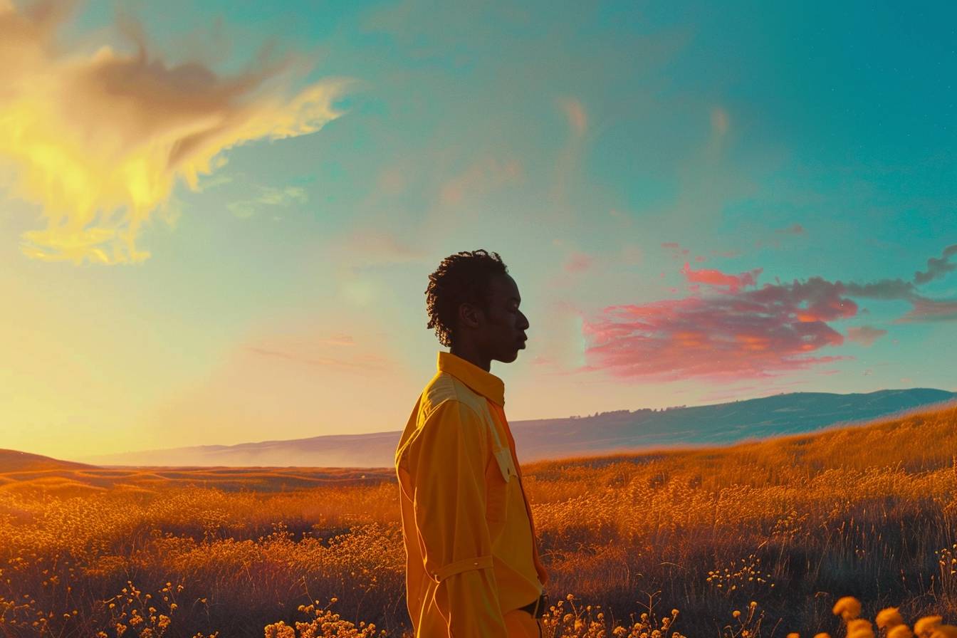 Screengrab from Tyler the creator music video, pop art landscape, post modern, cinematography, directed by Hiro Murai