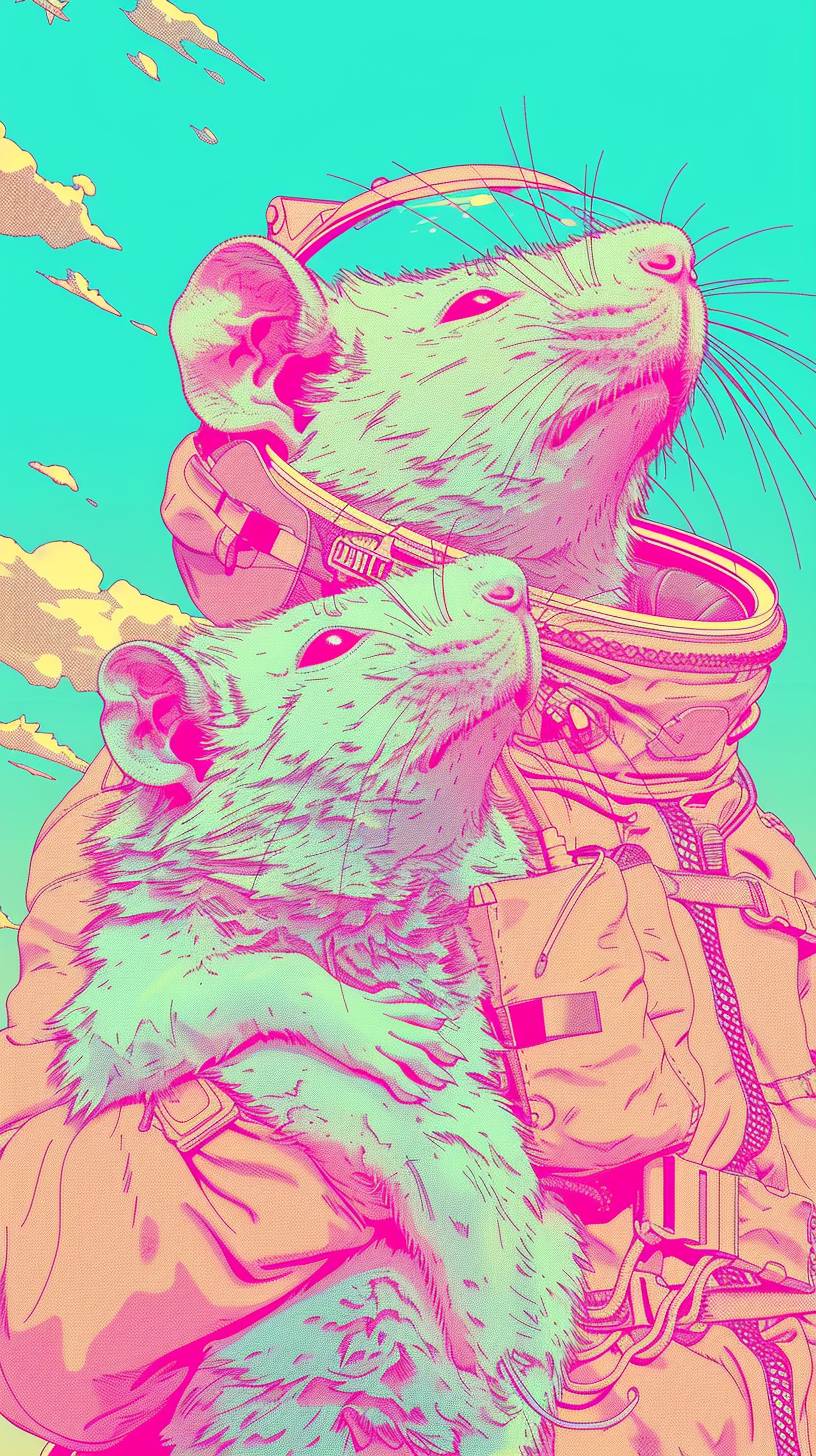 Design two astronaut hamsters hugging each other, in synthwave anime style, with a 9:16 aspect ratio, personalized with code 181hk7v, stylize intensity of 500, and version 6.0.