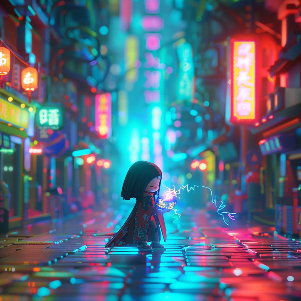 Stop-motion animation screengrab of a 3D chibi art style rendering of a small female mage. She is casting a spell from a holographic book, standing in the middle of a street in a neon-lit cyberpunk city.