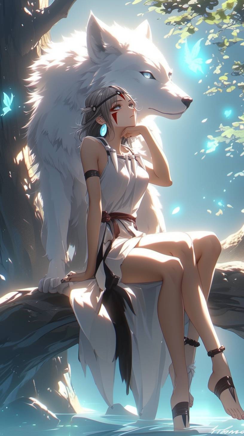 Princess Mononoke --Aspect Ratio 9:16 --Style Raw --Reference Image 3375785232 --Stylize 1000 --Niji 6