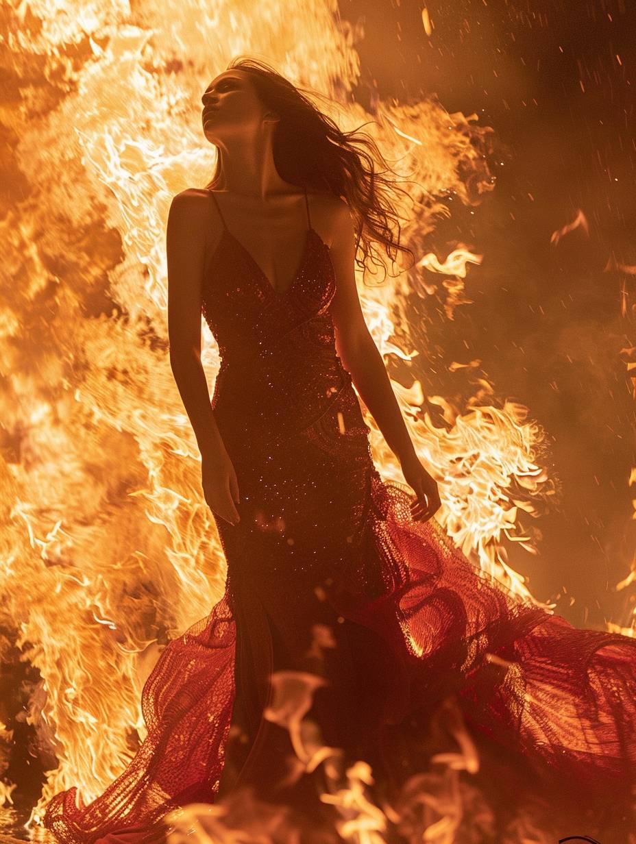 激情的な赤いドレスを着たモデルが荒れ狂う炎の中で立っています。 炎は彼女のドレスに舐められ、炎の背景に対して劇的なシルエットを作り出しています。 彼女のポーズは挑発的で、彼女の頭は後ろに投げられ、熱を抱きしめているかのように目を閉じています。 照明は強烈で、暖かい、黄金色の光と明滅する影が混ざっています。
