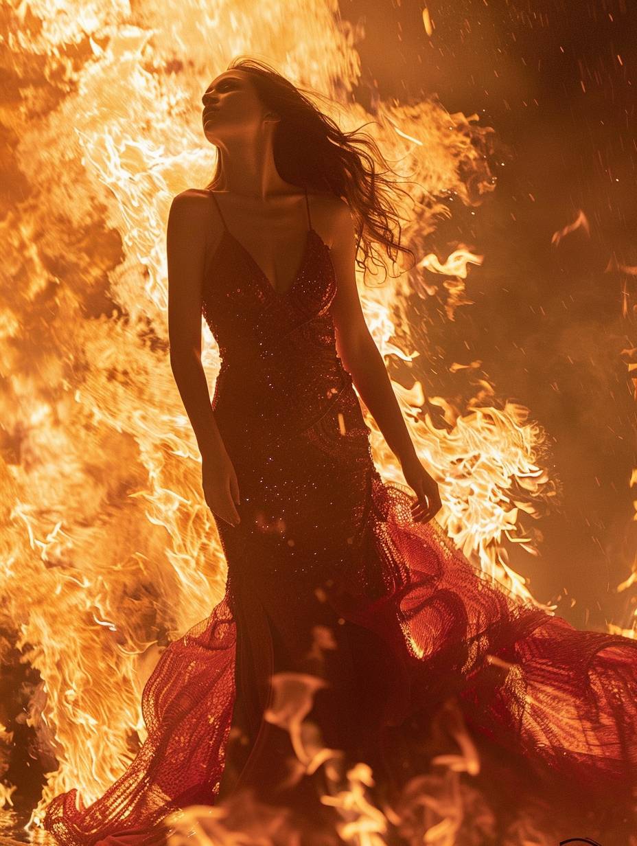 A model, clad in a fiery red dress, stands amidst a raging inferno. The flames lick at her dress, creating a dramatic silhouette against the backdrop of the inferno. Her pose is defiant, her head thrown back, her eyes closed as if embracing the heat. The lighting is intense, with a mix of warm, golden light and flickering shadows.