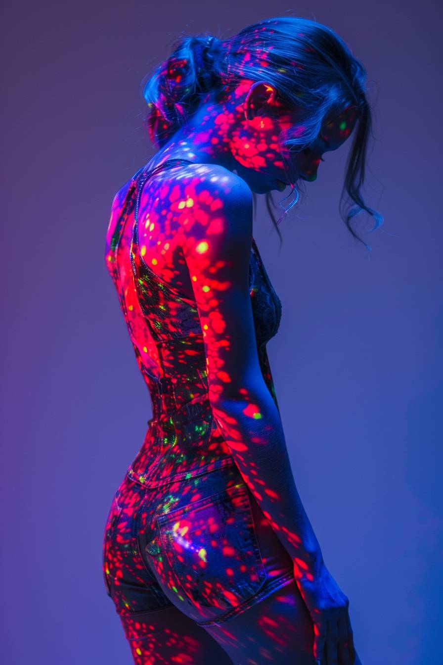 Full body view, ultraviolet-induced red fluorescence, young stunning woman