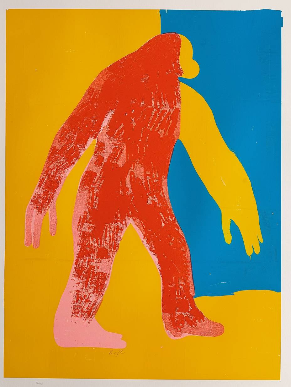 Sasquatch, silkscreen printing, retro poster art, Milton Avery style, simple/minimal, 1960's, bright and vibrant, funky/groovy, cloudy/bloated forms, flat shapes, simple/minimal, hand-crafted art, plain background