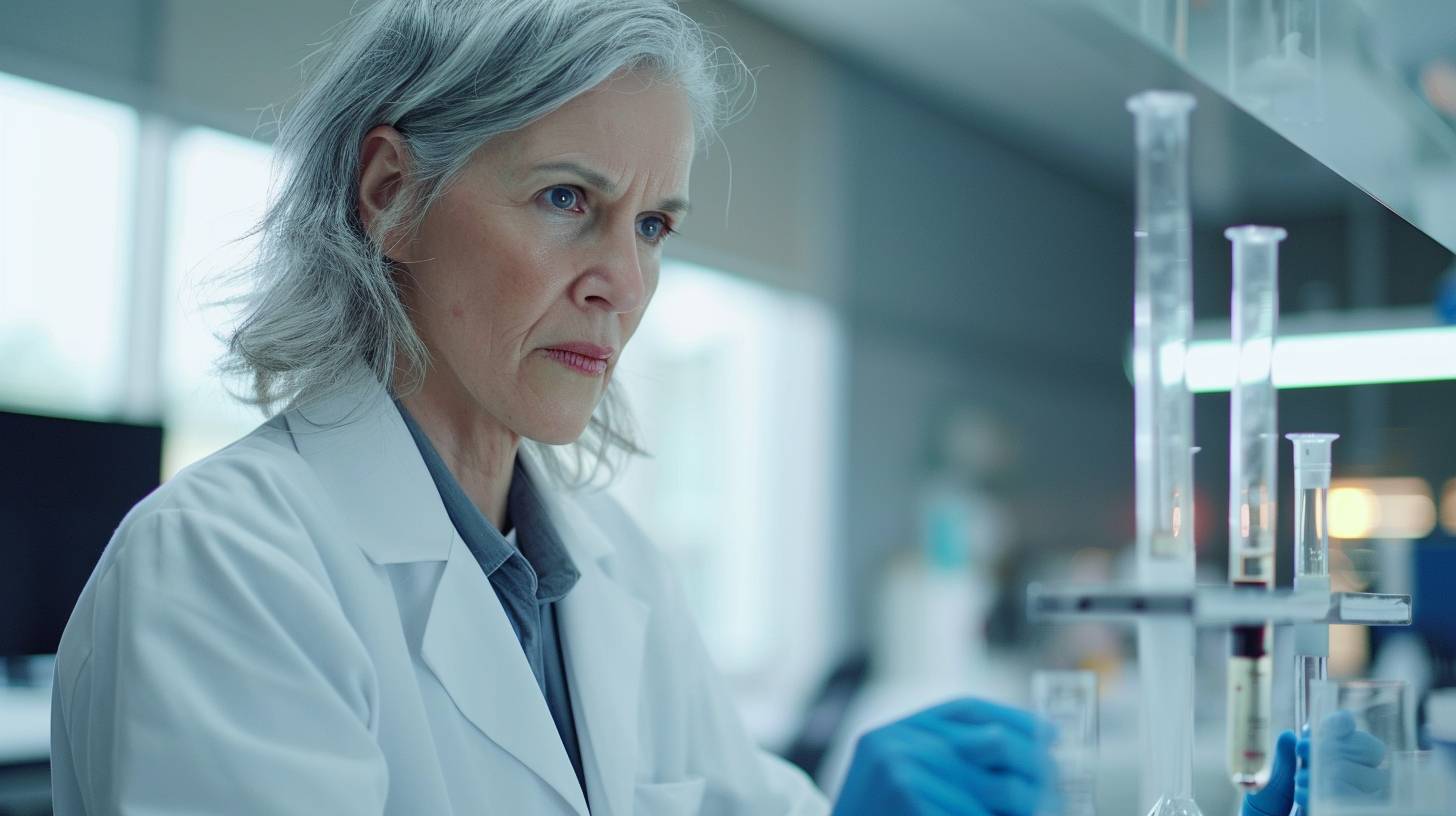 Middle-aged woman in a lab coat, examining a test tube. Stern expression. Silver streaks in her hair. Modern laboratory. Fluorescent lights. White walls, high-tech equipment. Medium shot, waist up. Neutral lighting, reflections on glass surfaces. High contrast.
