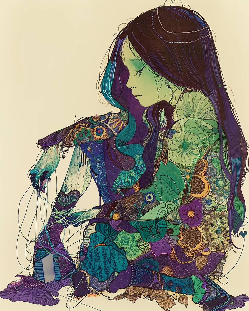 長い足を持つ少女がもう一人の少女の隣に座っています、彼女たちは手に糸と針を持っていて、お互いを縫い合わせています、片方の少女は淡い緑色の肌で、布のパッチで覆われています、彼女たちは互いに依存しており、ドールのような姿をしています、超現実的な抽象、新しい伝統的な日本風スタイル、シアン緑と濃い紫の夢のようなイラスト、イヌイットアート、カラーリングされたファッションイラストのスタイルです