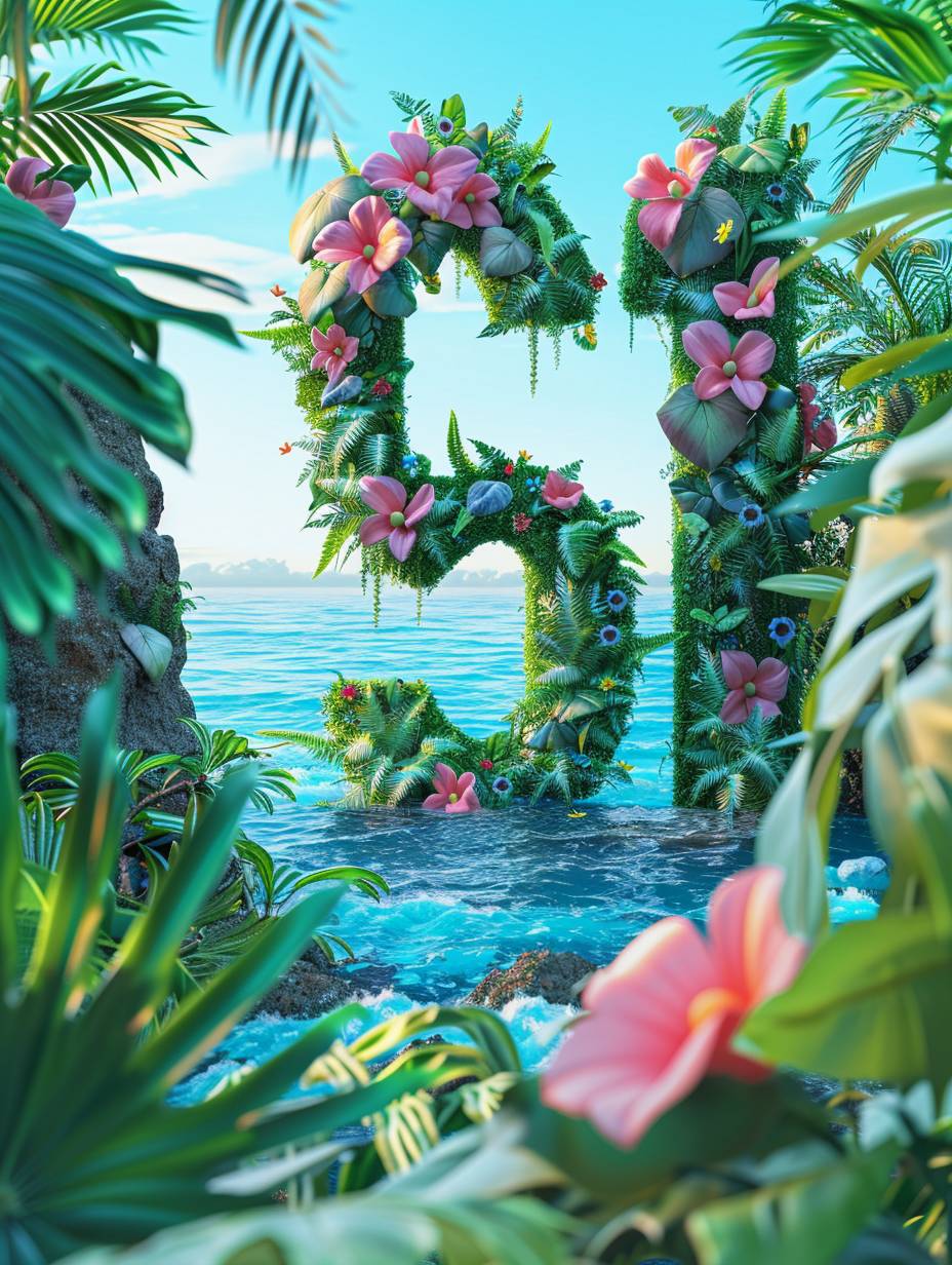 The number "61" is surrounded by water and flowers, with blue sky in the background, green plants in the foreground, central composition, 3D poster design, bright colors, cartoon design, playful style