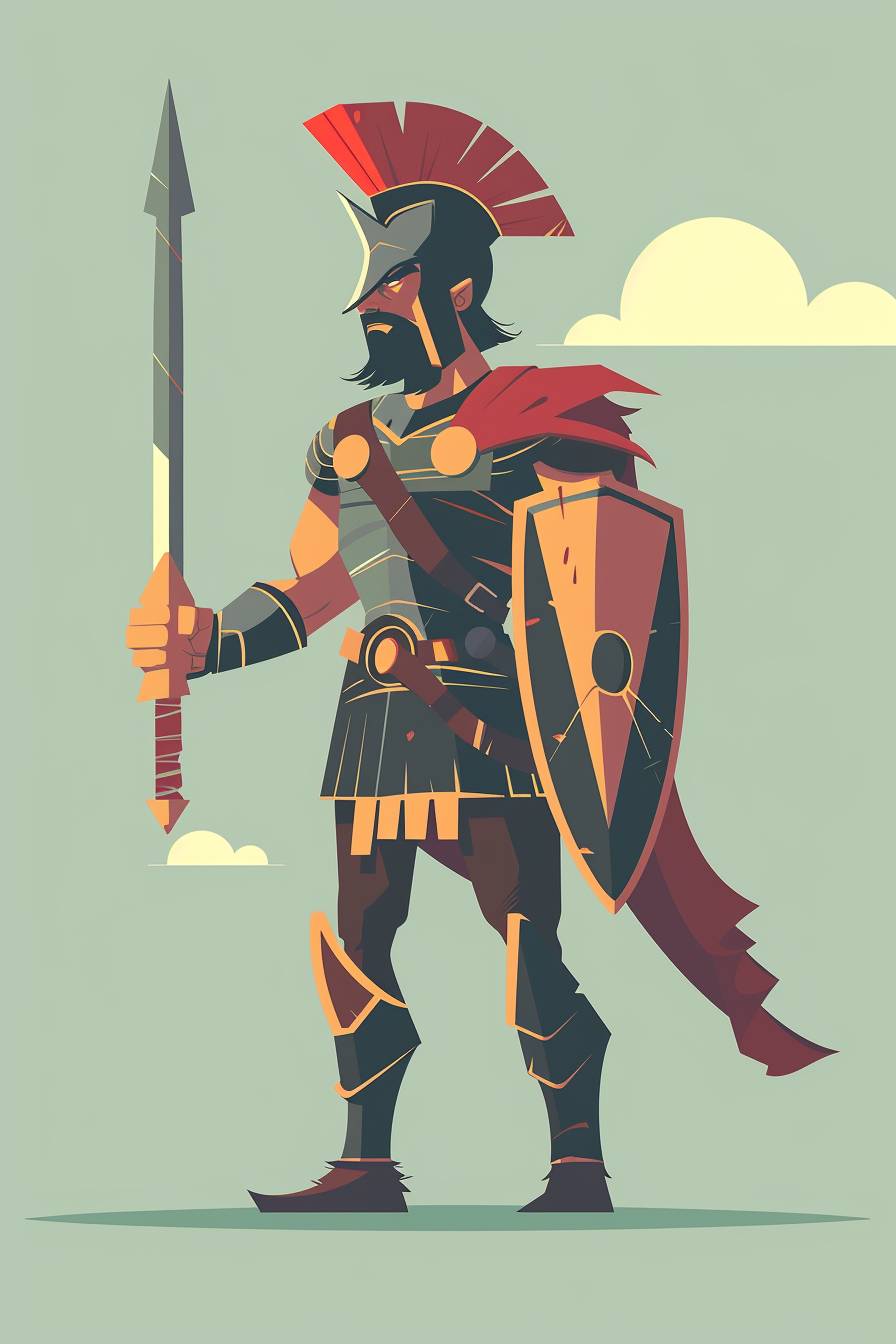 In the style of Oliver Jeffers, warrior character, full body, flat color illustration