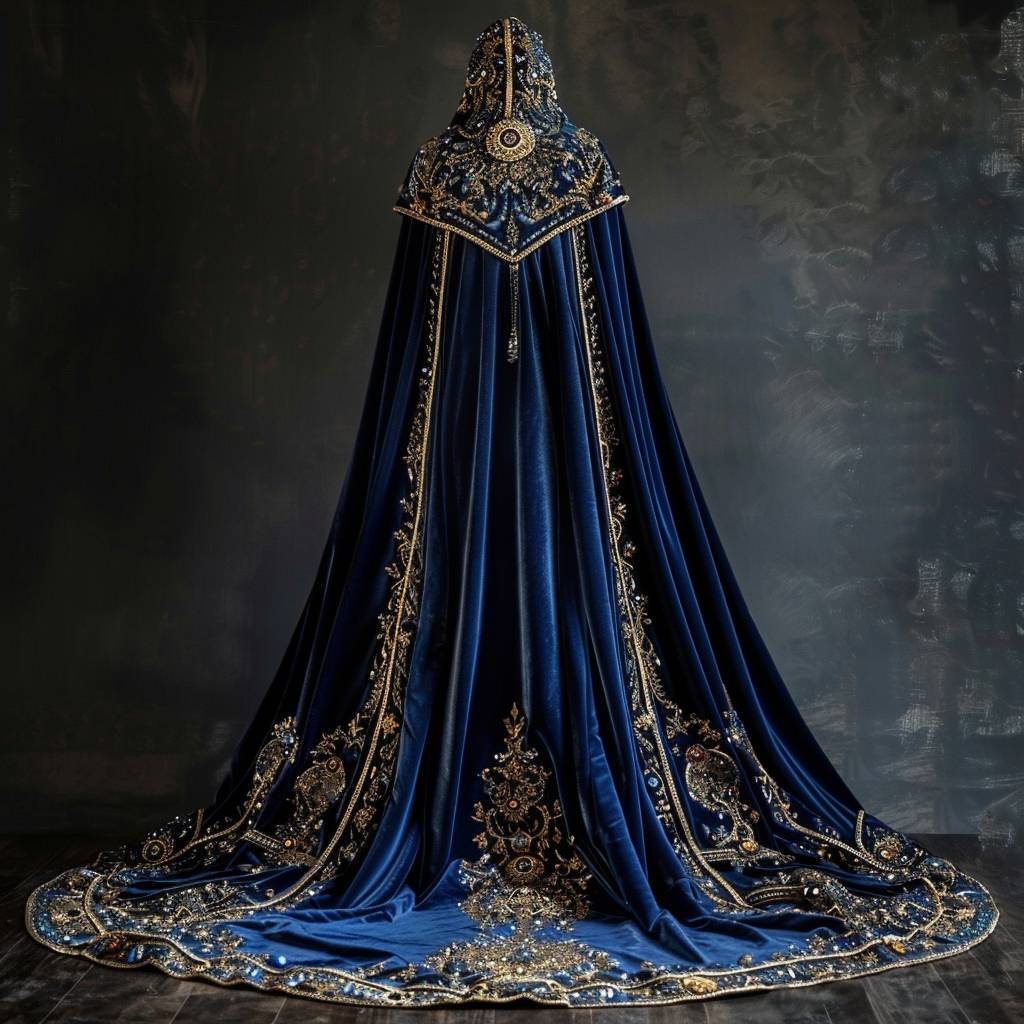 A fashion medieval cloak made of blue velvet, bejeweled, rich detailing, embroidery, magical --v 6.0